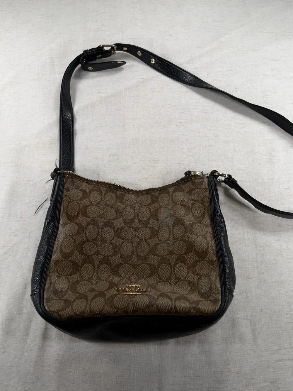 Coach Brown Signature Canvas Crossbody with Black Trim and Gold Hardware